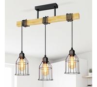 LVWIT Suspension Luminaire E27 Plafonnier Luminaire, Lustre à 3 Lampes, Abat-jour Suspendus au Design Vintage et Industriel, éclairage rétro en acier noir et bois Pour Salon Cuisine Chambre Couloir