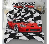 Lwznbio Housse de Couette 160 x 200 cm Voiture De Sport De Course Housse Couette Microfibre Douce Grille Noir Et Blanc Parure de Lit Literie Fermeture Éclair avec 2 Taies d'oreiller 65x65 cm