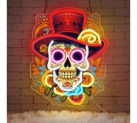 Lxmoneon Enseigne lumineuse néon Jour des Morts,tête mexicaine LED néon | applique murale néon imprimée UV,enseigne néon tête de mort pour maison et du bar fête d'Halloween (rouge)