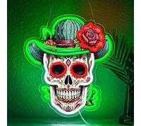 Lxmoneon Enseigne lumineuse néon Jour des Morts,tête mexicaine LED néon | applique murale néon imprimée UV,enseigne néon tête de mort pour maison et du bar fête d'Halloween (vert)