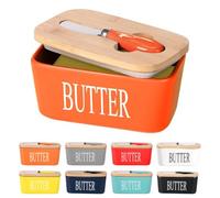 Lxmons Beurrier en céramique avec couvercle en bois, grand récipient de stockage avec couteau à beurre en acier inoxydable, couvercle en bambou et anneau d'étanchéité en silicone pour beurre de la