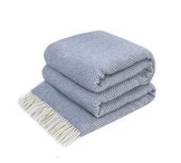 LYHome Plaid en Laine Mérinos, Couverture Chaude et Douce, 140x200 cm | 80% Laine 20% Nylon OEKO-TEX. Plaid Canape Grande Taille, Jeté de Lit 1 et 2 Personnes, Pique-Nique, Camping | Bleu, Chevron