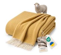 LYHome Plaid en Laine Mérinos, Couverture Chaude et Douce, 140x200 cm | 80% Laine 20% Nylon OEKO-TEX. Plaid Canape Grande Taille, Jeté de Lit 1 et 2 Personnes, Pique-Nique, Camping | Jaune Moutarde