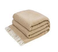 LYHome Plaid Laine Merinos - Couverture pour Le Canape, Le Lit 1 et 2 Personnes, Couvertures en Laine de Mouton, Plaids Mérinos Chaude Hiver Grande (140 x 200 cm | Beige avec Blanc Losange)