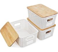 LYLIDIA Boîte de rangement avec couvercle en bambou Salle de bain 5L Panier Boîte en plastique Blanc 25x18x10cm