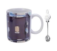 Lylithuif Tasse à café en forme de tambour Vintage, ensemble de cuillères, Design Unique, tasse en céramique en acier inoxydable de 11 Oz pour batteurs et musiciens (Blanche)