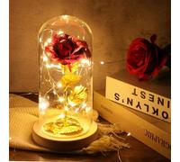 LYNROW Rose éternelle en or 24 carats, fleur artificielle dans un dôme en verre avec bande lumineuse LED, cadeau décoratif pour femme, Saint-Valentin, fête des mères, anniversaire