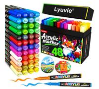 Lyuvie 48 Couleurs Feutre Acrylique, Acrylic Paint Brush Marker à Peinture à Base D'eau, Marqueur Peinture Acrylique pour Pierre,Bois,Galets,Papier, Tissu,Verre, Plastique