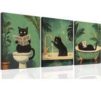 LZJAGXX Funny Bathroom Black Cat Wall Art Set of 3, Whimsical Animal Bathroom Wall Decor Painting Pet Cat Toilet Canvas Poster(50x70cmx3/Frameless)