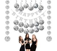 LZPLJLWS Ensemble de Guirlandes d’Anniversaire Disco, Décorations Scintillantes avec Bannière Happy Birthday, Boules Disco et Spirales pour Fête Thématique
