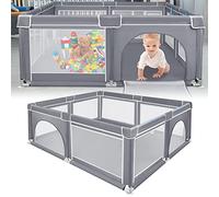 LZQ Parc pour bébé - Grand parc pour bébé - Gris - Avec ventouse solide - Clôture de jeu transparente et stable et respirante - Aire de jeu pour enfants - 200 x 180 x 68 cm