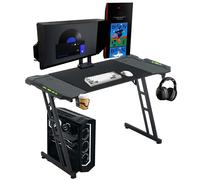 LZQ Table de gaming LED 140 x 60 cm, bureau de gaming pour ordinateur avec revêtement en fibre de carbone, table de bureau avec porte-gobelet et crochet pour casque pour une expérience de jeu