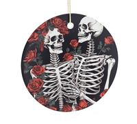 LZQPOEAS Pendentif rond en céramique rose et squelette à suspendre, décoration d'intérieur double face personnalisée, décoration d'intérieur légère et durable, cadeau pour la maison, les fêtes, les
