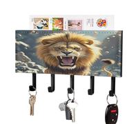 LZQPOEAS Porte-clés mural en forme de lion rugissant en colère avec organiseur de courrier adhésif tendance avec 5 crochets sans perçage en cuir synthétique pour entrée, cuisine, couloir