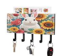 LZQPOEAS Support mural pour clés aquarelle lapin et fleurs avec organiseur de courrier, porte-clés adhésif tendance avec 5 crochets, sans perçage, organiseur de clés en cuir synthétique pour entrée