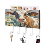 LZQPOEAS Support mural pour clés aquarelle vache et marguerite avec organiseur de courrier adhésif tendance avec 5 crochets sans perçage en cuir synthétique pour entrée, cuisine, couloir