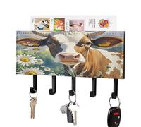 LZQPOEAS Support mural pour clés aquarelle vache et marguerite avec organiseur de courrier adhésif tendance avec 5 crochets sans perçage en cuir synthétique pour entrée, cuisine, couloir