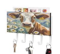 LZQPOEAS Support mural pour clés aquarelle vache et marguerite avec organiseur de courrier adhésif tendance avec 5 crochets sans perçage en cuir synthétique pour entrée, cuisine, couloir