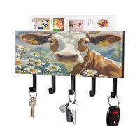 LZQPOEAS Support mural pour clés aquarelle vache et marguerite avec organiseur de courrier adhésif tendance avec 5 crochets sans perçage en cuir synthétique pour entrée, cuisine, couloir