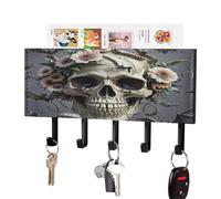 LZQPOEAS Support mural pour clés avec motif tête de mort et fleur avec organiseur de courrier adhésif tendance avec 5 crochets sans perçage en cuir synthétique pour entrée, cuisine, couloir