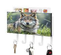 LZQPOEAS Support mural pour clés loup sur l'herbe avec organiseur de courrier adhésif tendance avec 5 crochets sans perçage en cuir synthétique pour entrée, cuisine, couloir