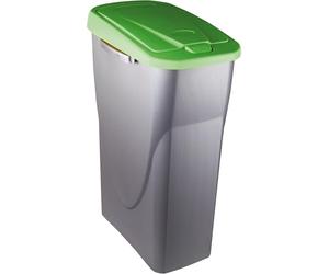 M home by Mazzei Mondex - Poubelle de Tri Sélectif 25L en Plastique - Ouverture facile Push - Cuve Gris Silver avec Couvercle de Couleur Vert - Idéale pour Cuisine, Cellier - Fabriquée en France