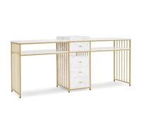 M MCombo 2413 Double coiffeuse table de manucure avec tiroirs avec étagère sans miroir blanc avec bord doré
