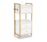 M MCombo Chariot de Coiffure Avec Roulettes, 3 Tiroirs, 2 Étagères & Support de Sèche-Cheveux - Chariot de Service Pour Salon, 30x40x95cm, 0022 (Blanc-Doré)