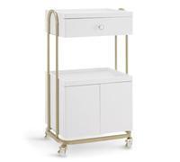 M MCombo Chariot de Service avec roulettes & tiroir, Chariot de Coiffure Blanc-doré, Chariot de Salon avec 2 étagères et Armoire, Chariot de Travail Moderne pour Salle de Bain Salon, 36x50x87cm, 0086