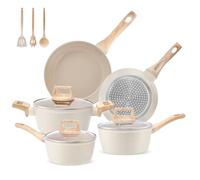 M MELENTA Set de Casseroles et Poêles en Céramique Antiadhésif, Batterie de cuisine induction 11 pièces, 3 Casseroles 16/18/20cm + 2 Poeles 20/24cm, Non toxique, Crème