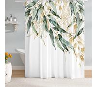 M&W DAS DESIGN Rideau de douche en tissu polyester, motif feuilles vertes et dorées, aspect aquarelle, anti-moisissure, imperméable, avec 12 anneaux en C, ourlet lesté, naturel, simple et élégant, 180