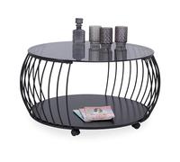 M2 Kollektion Shanghai 1 Table Basse Ronde avec Plateau en Verre, Ø 60 cm, H 45 cm, Structure en métal Noir, avec étagère et roulettes, Design Industriel Moderne, Facile d'entretien et Stable