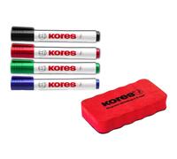 Kores – Marqueurs tableau blanc K-Marker XW1, pointe ronde, effaçable à sec, 4 coloris + effaceur
