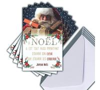 M5-496 Lot 5 Cartes Joyeux Noël Rouge Brillant + 5 Enveloppes Blanches Format 14x9cm - Père Noël Magie Fêtes de Fin d'Année Cadeaux pour petits et grands Enfants Cœur Générosité Poinsettia Rouges
