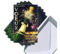 M5-498 Lot 5 Cartes Meilleurs Vœux pour la Nouvelle Année en Or Doré Brillant + 5 Enveloppes Blanches Format 14x9cm - Bouteille Champagne Pétillant Bouchon Bulles Feu d'Artifice Scintillant Fêtes