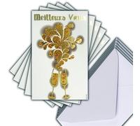 M5-508 LOT 5 Cartes identiques Meilleurs Vœux en Or Doré 13,5x8,5cm + 5 Enveloppes blanches 14x9cm - Bonne Année Souhaits Janvier 2 Flutes Champagne Bulles de Bonheur - Créé Imprimé Fabriqué en France
