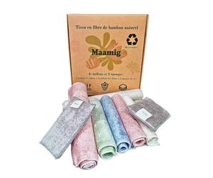 MAAMIG Kit 8 pièces - 6 Chiffons et 2 éponges en Microfibres Bambou Naturel - Lavables et faciles à Utiliser - Meilleure qualité Que Les lingettes Classiques - Couleurs Mixtes