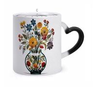 maccbn Tasses à café en céramique avec poignée en forme de fleurs de style art folklorique à changement de couleur - 325 ml - Tasse magique personnalisée à changement de température - Cadeau fantaisie
