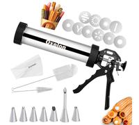 Machine à churros, kit de fabrication de churros en acier inoxydable 21 pièces, pistolet à biscuits, churros creux avec sac à douilles, 7 douilles à pâtisserie, 9 disques à biscuits et 2 pinceaux, kit
