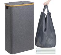 Machine à laver pliable de 65 litres avec couvercle, poignée en bambou, sac de lavage avec poche amovible, cuve étroite et haute avec couvercle, gris