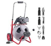Machine de débouchage de canalisations - Appareil de nettoyage de canalisations - Spirale 30 m, 9,5 mm - Avance automatique - 8 outils de coupe -au pied pneumatique - Pour tuyaux de 50 à 100 mm