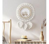 Macramé Miroir Mural Suspendu avec Frange Rond Mural Miroir Décoratif Plume Pendentif Art Ornement