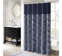 Madison Park Aubrey Rideau de douche jacquard à motif cachemire en microfibre et soie synthétique - Décoration d'intérieur moderne - Brise-vue, décoration de salle de bain - 183 x 183 cm - Bleu marine