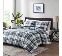 Madison Park Essentials Couette à Carreaux avec Housse Anti-Taches 3M Scotchguard hypoallergénique pour Toutes Les Saisons, Microfibre, Rembourrage en Fibre, Noir, lit Double/Grand lit
