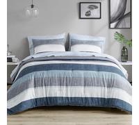 Madison Park Essentials Jaxon Parure de lit 7 pièces avec Drap, Motif à Rayures imprimées, literie Moderne pour Toutes Les Saisons et taie d'oreiller Assortie, très Grand lit, Bleu/Gris