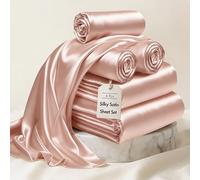 Madison Park Essentials Parure de lit 6 pièces en Satin Luxueux et Soyeux avec éclat Naturel, Poche Profonde de 40,6 cm, élastique Tout Autour - Literie Toute l'année, lit Double, Rose poudré