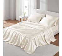 Madison Park Essentials Satin Sheet Set Luxury and Silky with Natural Sheen, Elastic 14" Pocket Fits up to 16" Mattress, All Around Elastic - Year-Round Bedding, Full, Ivory, 6 Piece