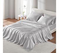 Madison Park Essentials Satin Sheet Set Luxury and Silky with Natural Sheen, Elastic 14" Pocket fits up to 16" Mattress, All Around Elastic - Year-Round Bedding, Full, Light Grey, 6 Piece