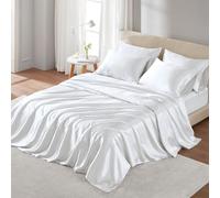 Madison Park Essentials Satin Sheet Set Luxury and Silky with Natural Sheen, Elastic 14" Pocket Fits up to 16" Mattress, All Around Elastic - Year-Round Bedding, Full, White, 6 Piece