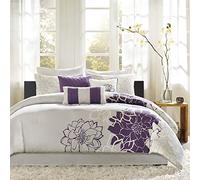 Madison Park Parure de lit en Duvet Alternatif Toutes Saisons - Cache-sommier - Taies d'oreiller décoratives - Satin de Coton - Gris/Violet - King Size